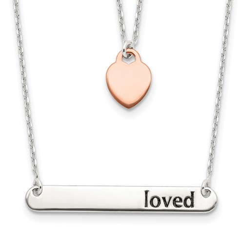 Sterling Silver Rose-tone Heart and Enameled Loved Bar Double Strand Necklace, 16"