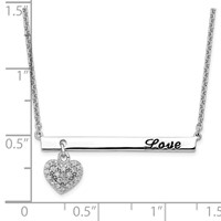 Sterling Silver Rhodium Plated Antiqued Love Bar Necklace with CZ Heart Dangle, 16" view 3