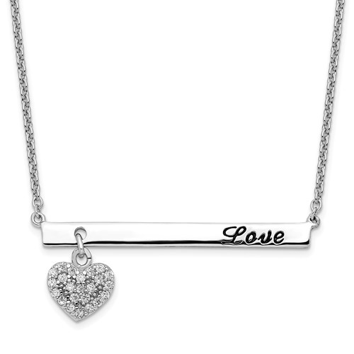 Sterling Silver Rhodium Plated Antiqued Love Bar Necklace with CZ Heart Dangle, 16"