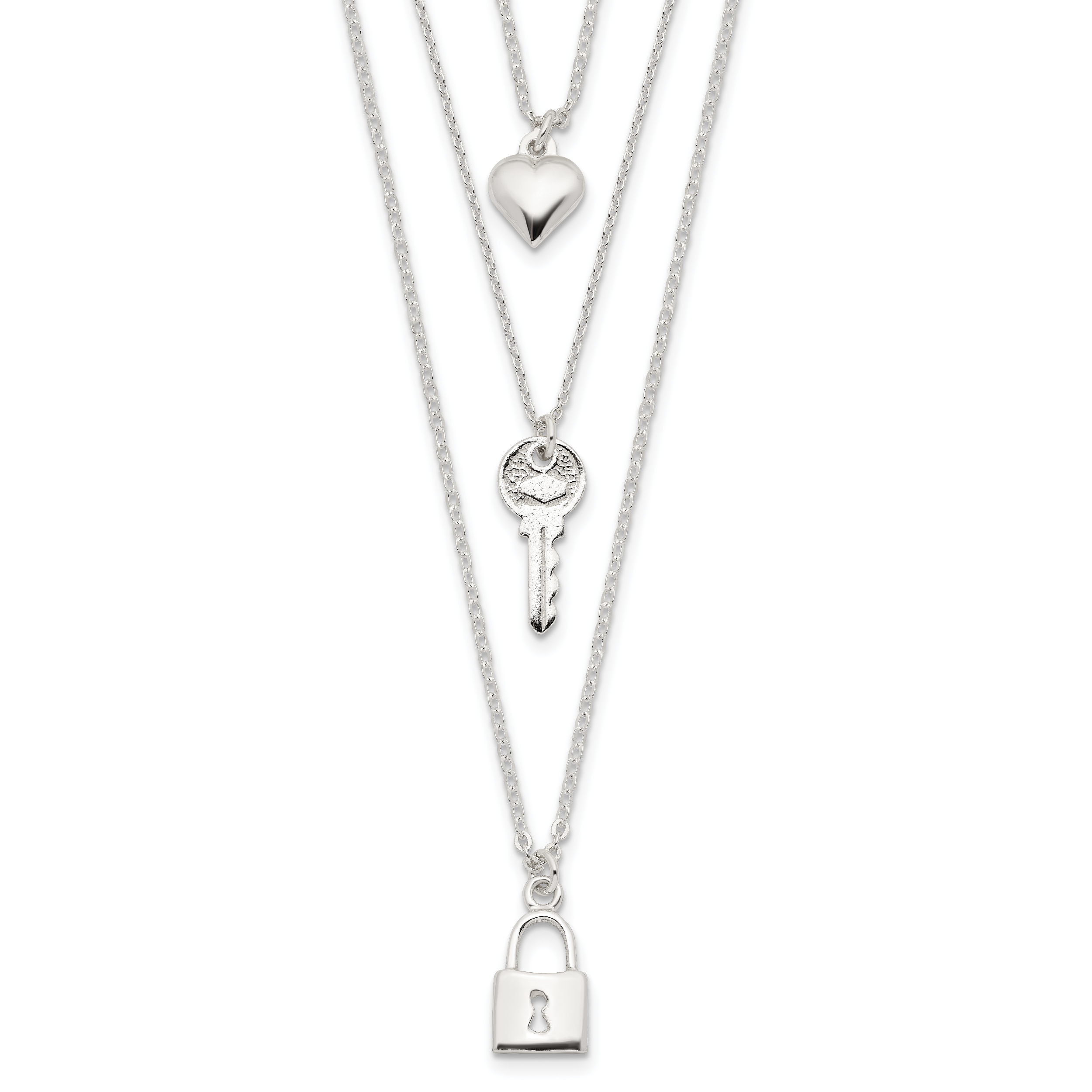 Sterling Silver Lock, Heart and Key Multi-Strand 16in Necklace (QG4384-16)
