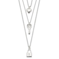 Sterling Silver Lock Heart Key 3-Strand 16 Inch Necklace view 1