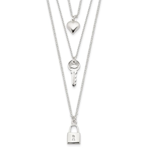 Sterling Silver Lock Heart Key 3-Strand Necklace, 16"