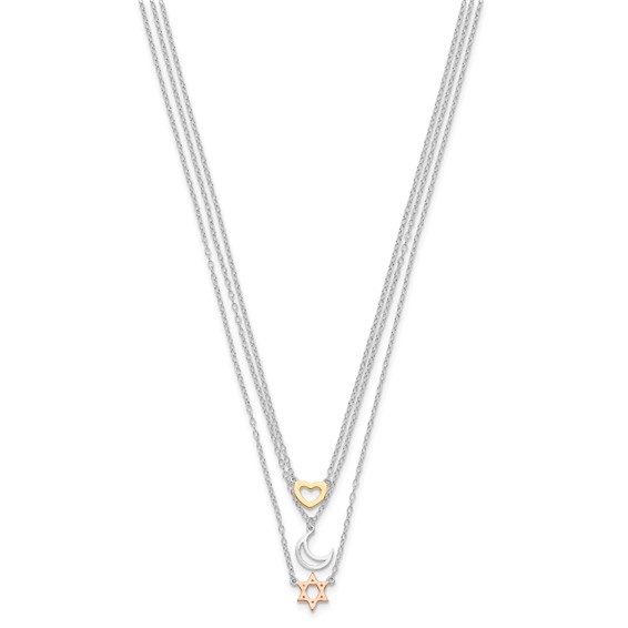 Sterling Silver RH-pltd Gold and Rose-tone Sun Moon Star Necklace