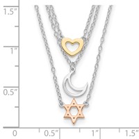 Sterling Silver Rhodium-plated Gold-tone and Rose-plated Heart Moon Star of David 3-Strand Necklace, 16" view 4
