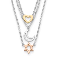 Sterling Silver Rhodium-plated Gold-tone and Rose-plated Heart Moon Star of David 3-Strand Necklace, 16" view 1