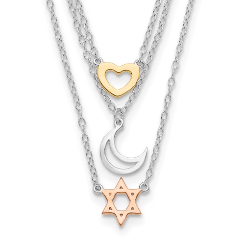 Sterling Silver Rhodium-plated Gold-tone and Rose-plated Heart Moon Star of David 3-Strand Necklace, 16"