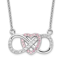 Sterling Silver Rhodium-plated Pink and Clear CZ Infinity Symbol Necklace with Heart, 16" view 1