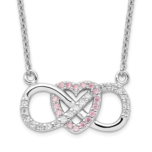 Sterling Silver Rhodium-plated Pink and Clear CZ Infinity Symbol Necklace with Heart, 16"