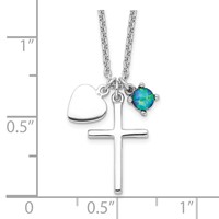 Sterling Silver Rhodium-plated Cross Necklace with Lab Created Blue Opal and Heart, 18" view 4