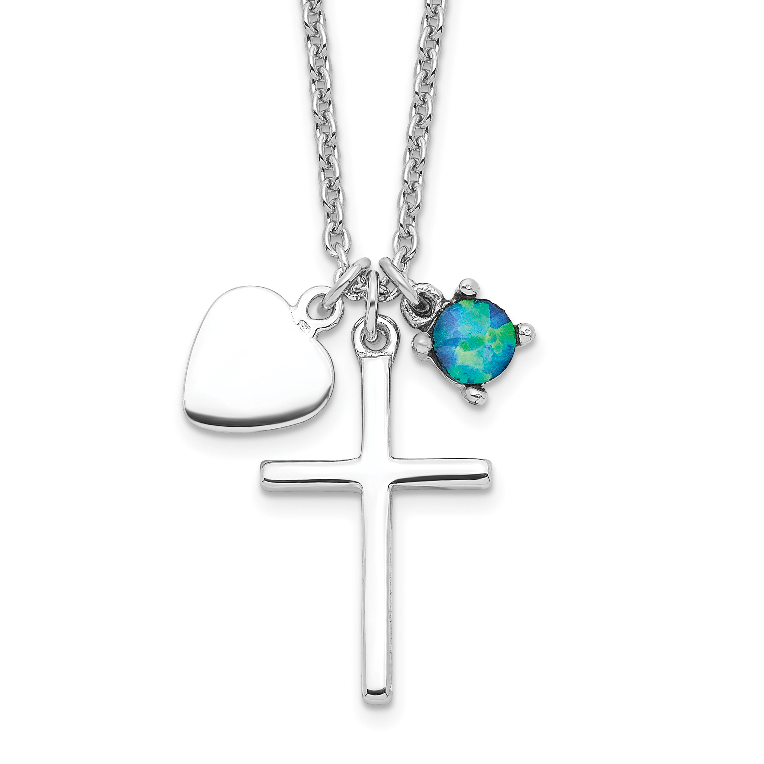 Sterling Silver Rhodium-plated Created Blue Opal Cross Necklace (QG4400-18)
