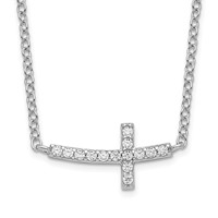 Sterling Silver Rhodium-plated Sideways CZ Cross Necklace with 2 Inch Extension, 16" view 1