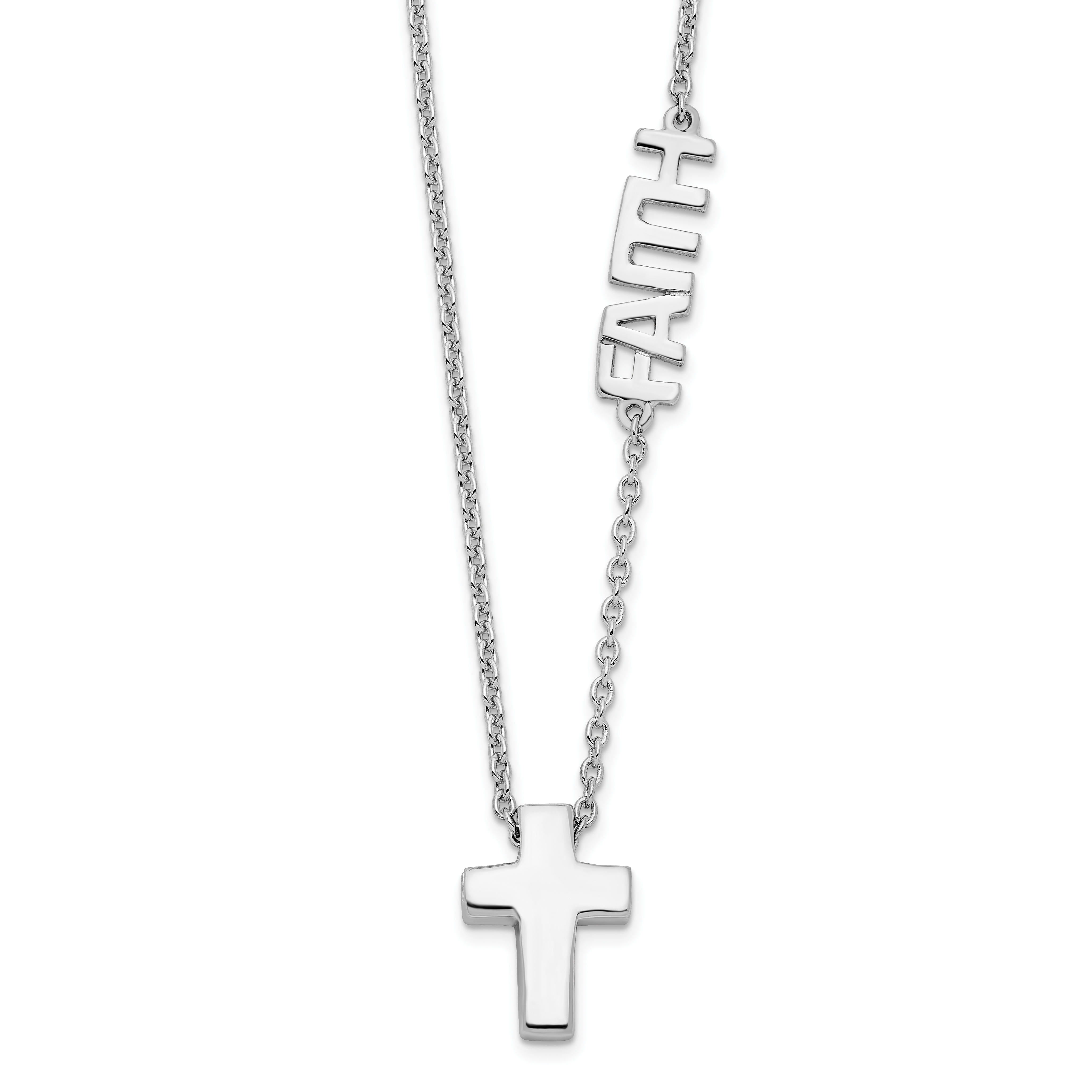 Sterling Silver Rhodium-plated FAITH w/Cross Necklace (QG4407-18)