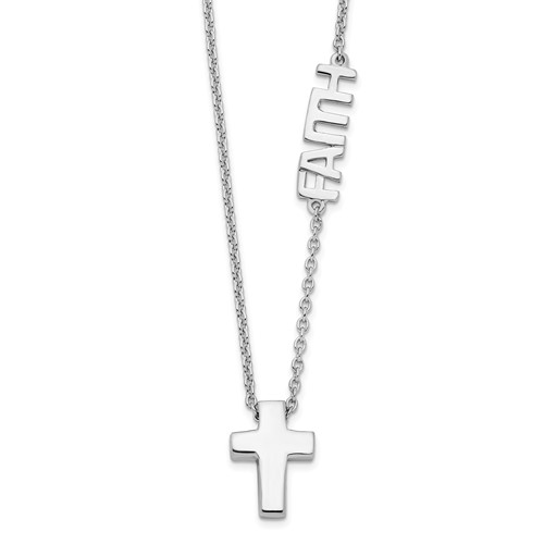 Sterling Silver Rhodium-plated Faith Necklace with Cross, 18"