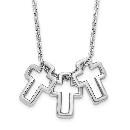 Sterling Silver Rhodium-plated Polished 3-Cross Necklace, 18"