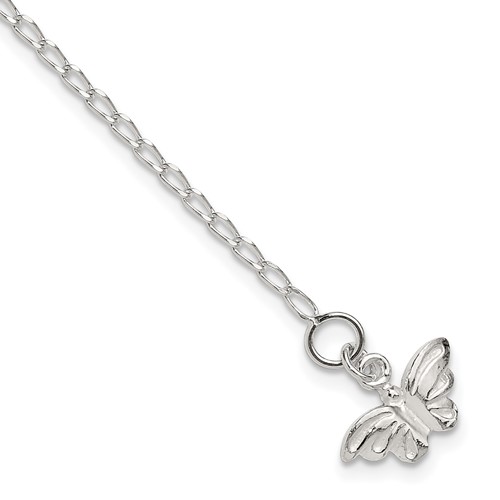 Sterling Silver Solid Polished Butterfly Anklet, 10"