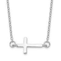 Sterling Silver Rhodium-plated Polished Sideways Cross Necklace with 2 Inch Extension, 16" view 1