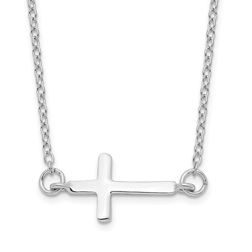 Sterling Silver Rhodium-plated Polished Sideways Cross Necklace with 2 Inch Extension, 16"