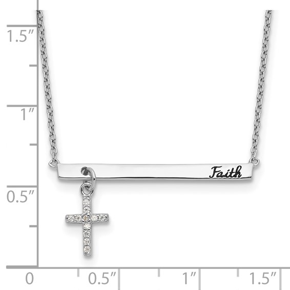 Sterling Silver RH-plated CZ Cross Black Enamel FAITH 16in w/2in ext. Bar Necklace