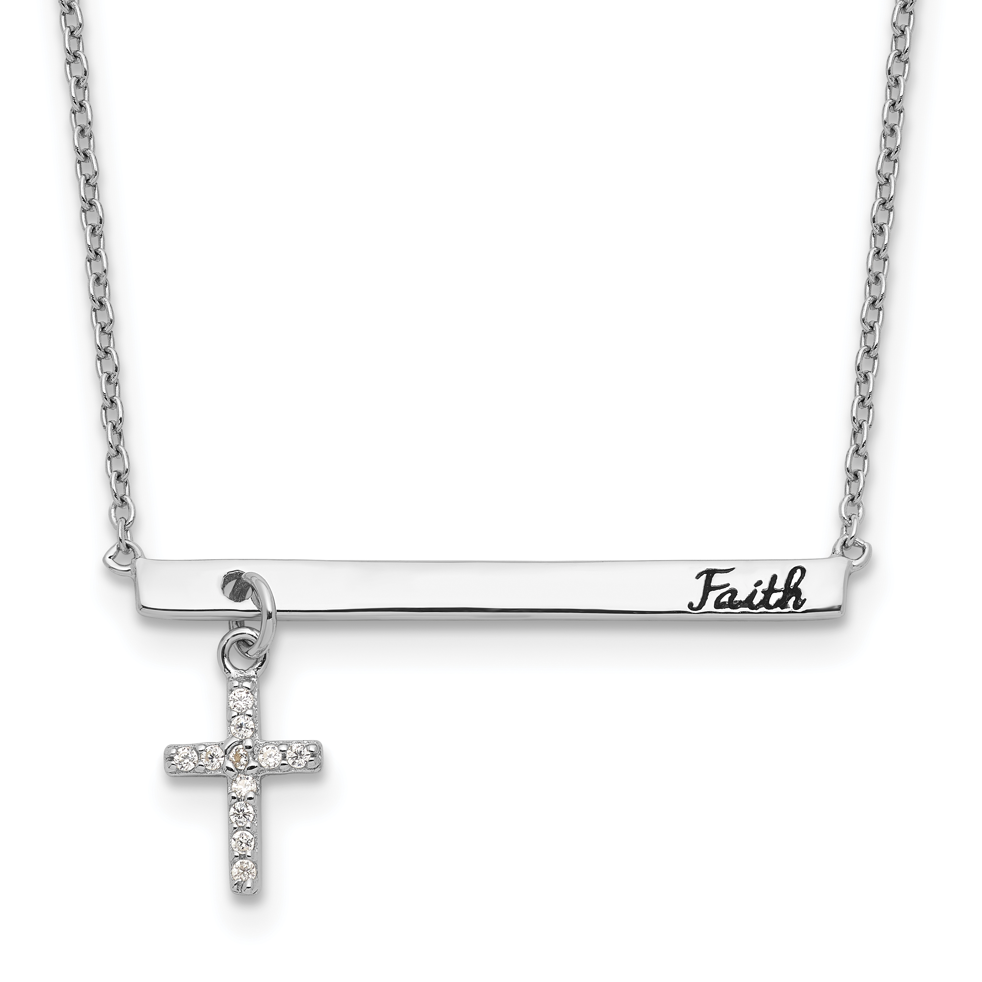 Sterling Silver RH-plated CZ Cross Black Enamel FAITH Bar Necklace (QG4413-16)
