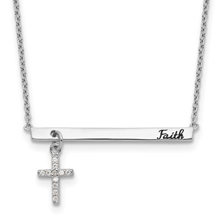 Sterling Silver RH-plated CZ Cross Black Enamel FAITH 16in w/2in ext. Bar Necklace