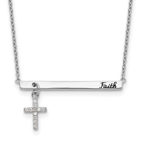 Sterling Silver RH-plated CZ Cross Black Enamel FAITH 16in w/2in ext. Bar Necklace