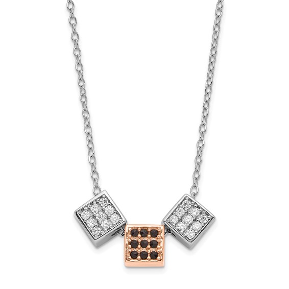 Sterling Silver Rhodium & Rose-tone w/ Black Onyx & CZ Cube Necklace