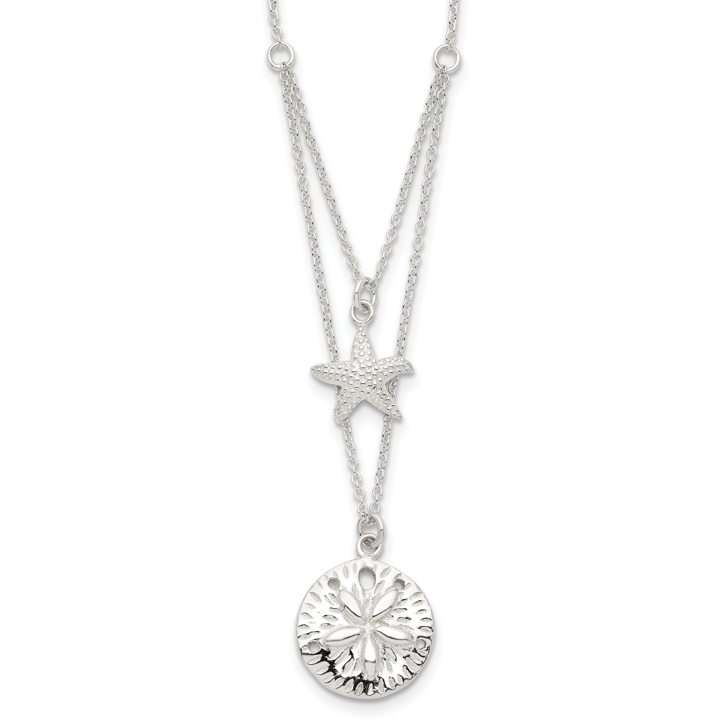 Sterling Silver Starfish and Sand Dollar 18 inch 2-strand Necklace (QG4426-18)