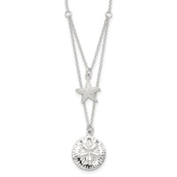 Sterling Silver Polished and Textured Starfish and Sand Dollar 2-strand Necklace, 18" view 1