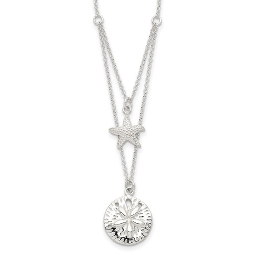 Sterling Silver Polished and Textured Starfish and Sand Dollar 2-strand Necklace, 18"