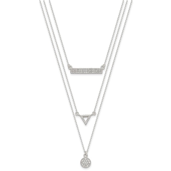 Sterling Silver CZ Circle Triangle and Bar 3-Strand Necklace