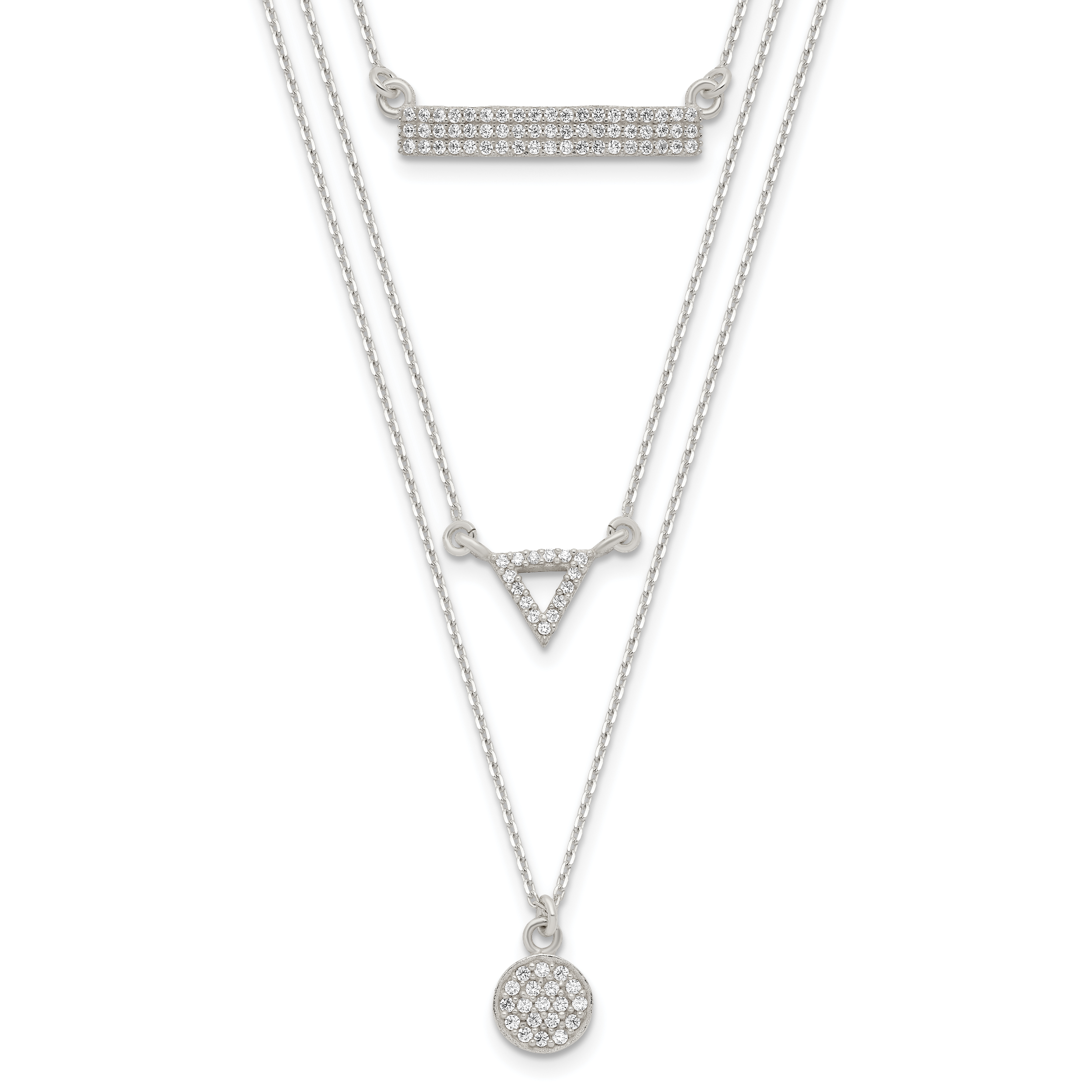 Sterling Silver CZ Circle Triangle and Bar 3-Strand Necklace (QG4427-16)