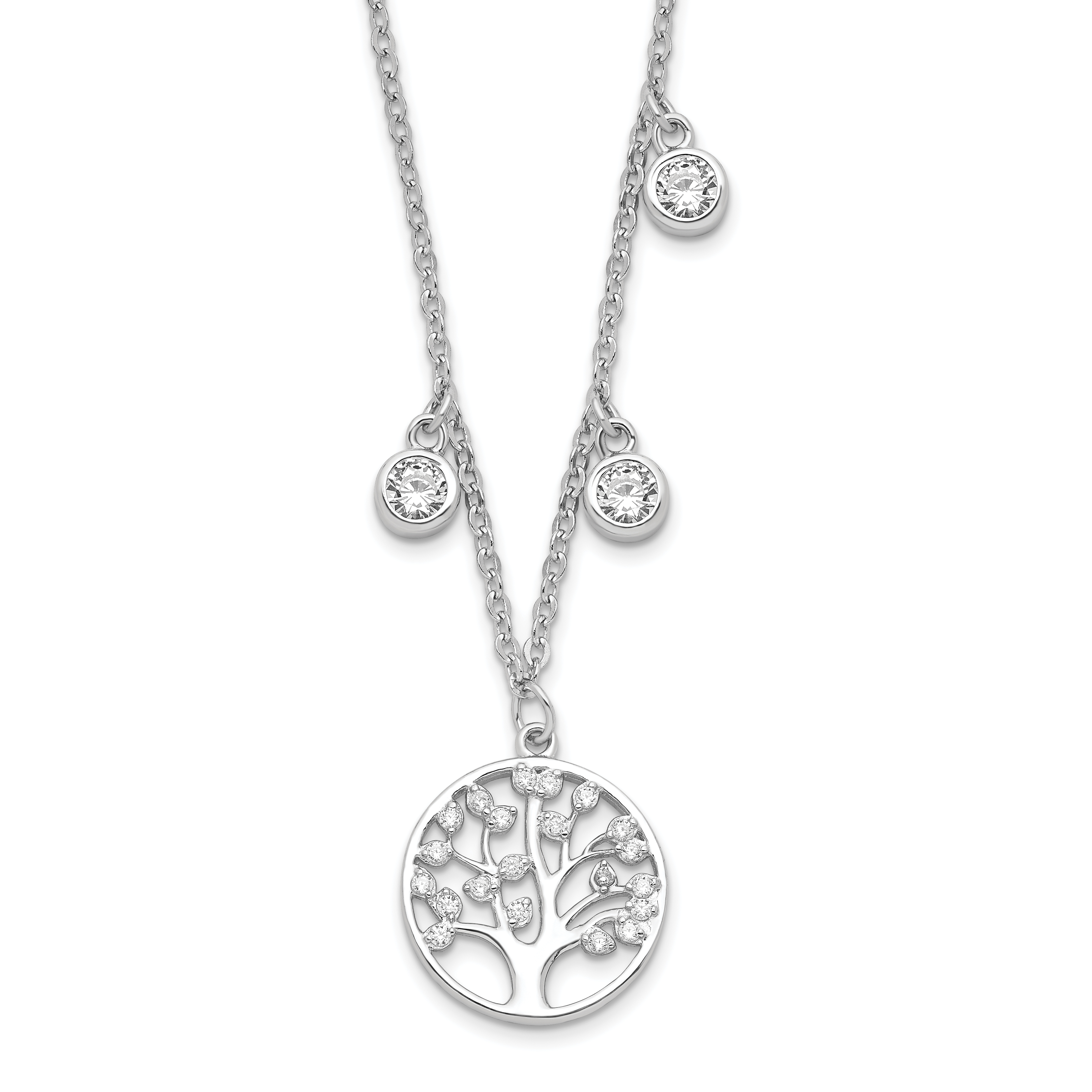 Sterling Silver Rhodium-plated CZ with Tree with 1in ext. Necklace (QG4465-16.5)