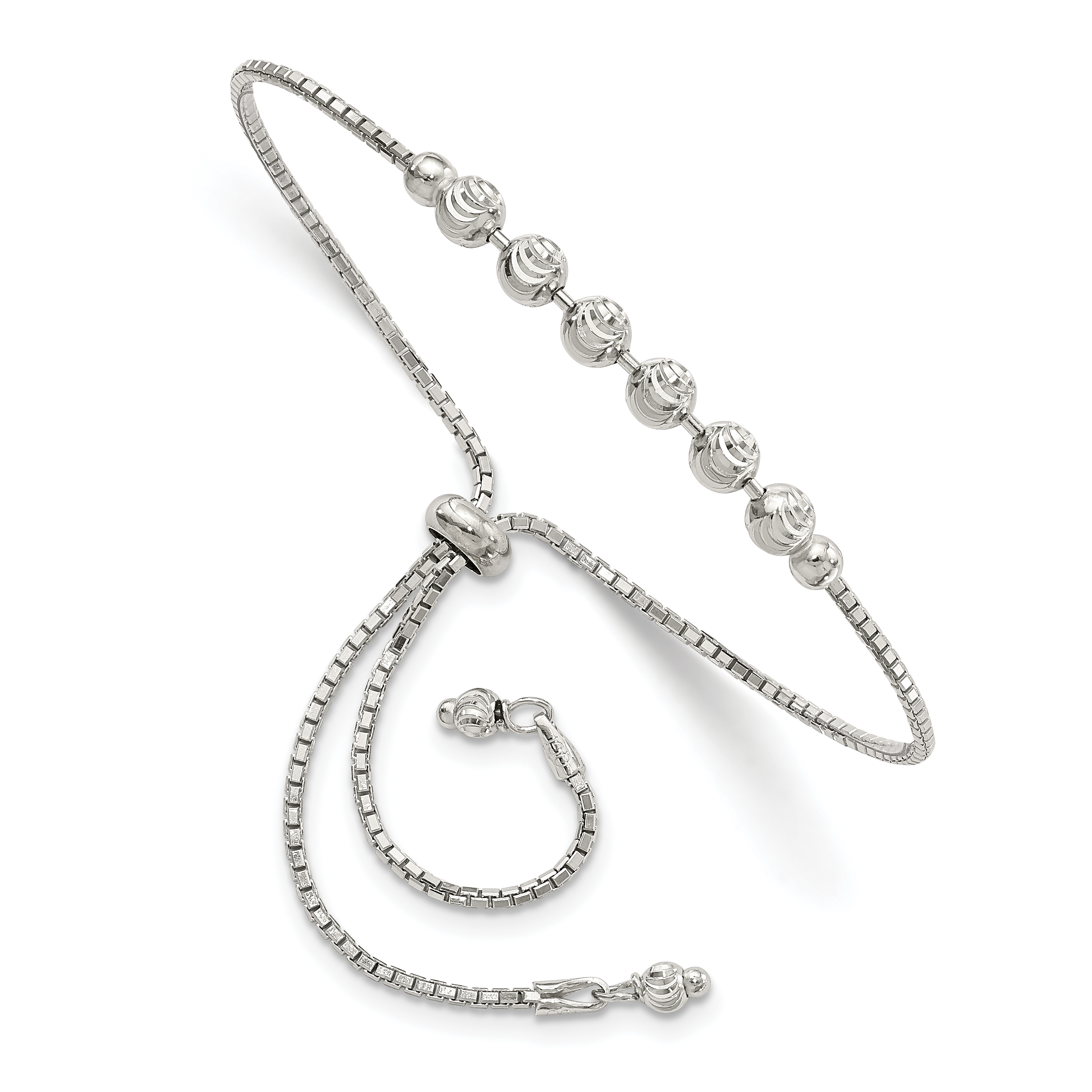 Sterling Silver Rhodium-plated Diamond-cut Beaded Adjustable Bracelet (QG4550)