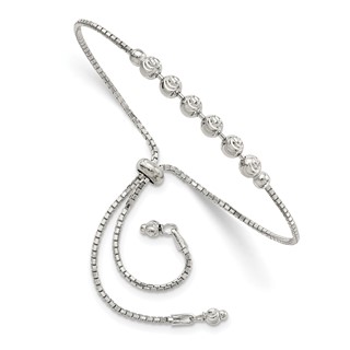 Sterling Silver Rhodium-plated Diamond-cut Beaded Adjustable Bracelet