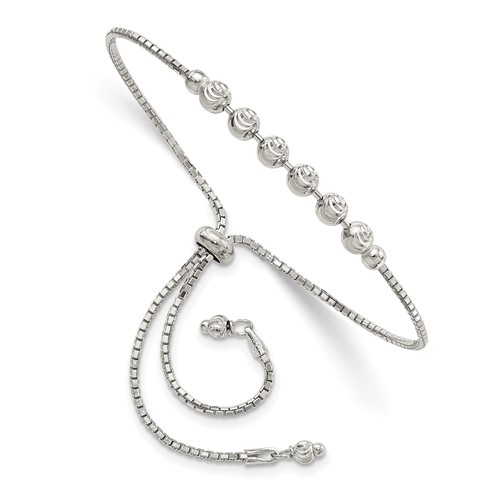 Sterling Silver Rhodium-plated Diamond-cut Beaded Adjustable Bolo Bracelet