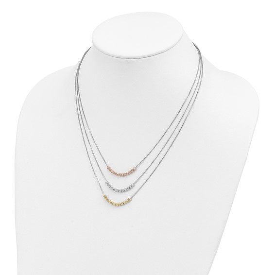 Sterling Silver Rhod-plated Diamond-cut Gold/Rose-tone 3 Strand Necklace