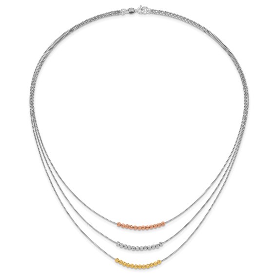 Sterling Silver Rhod-plated Diamond-cut Gold/Rose-tone 3 Strand Necklace