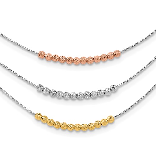 Sterling Silver Rhodium-plated Gold-tone and Rose-tone Diamond-cut Beaded 3-Strand Necklace, 18"