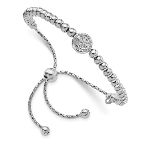 Sterling Silver Rhodium-plated Beaded Saint Medal to 8.25 Inch Adjustable Bolo Bracelet, 5"