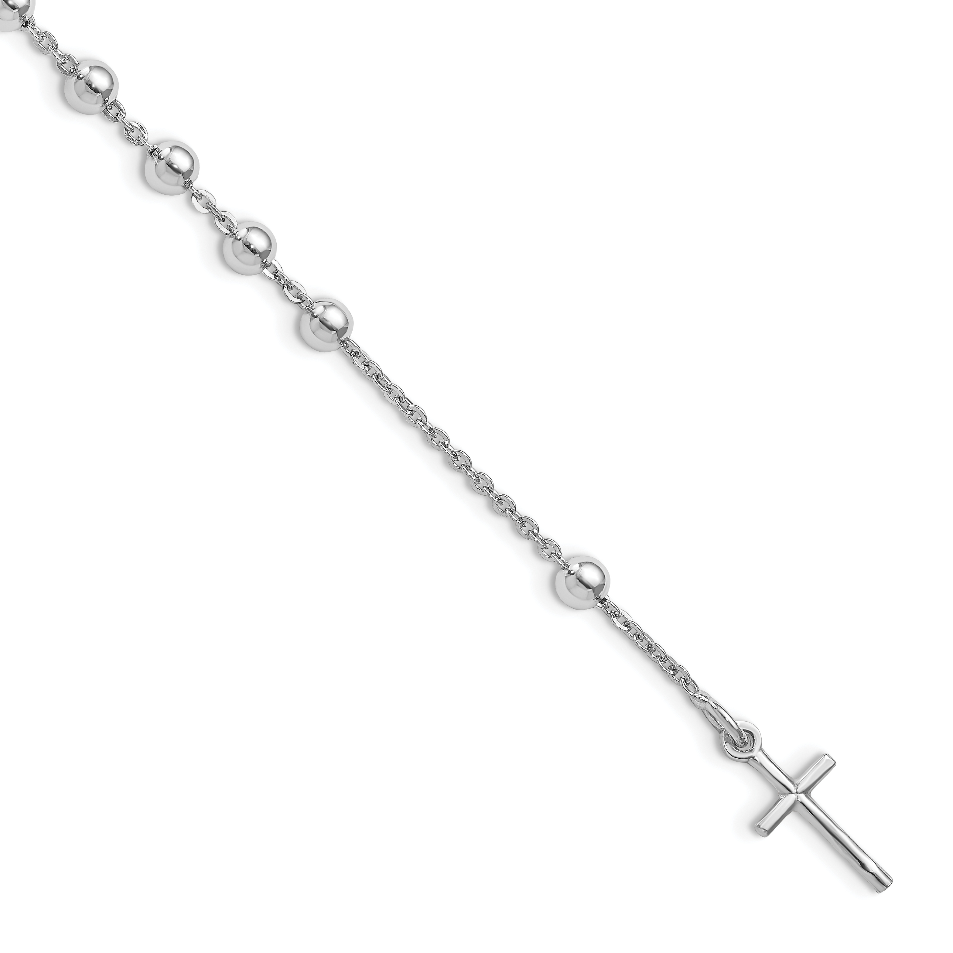 Sterling Silver Rhodium Plated Polished Beaded Cross Bracelet (QG4569-7)