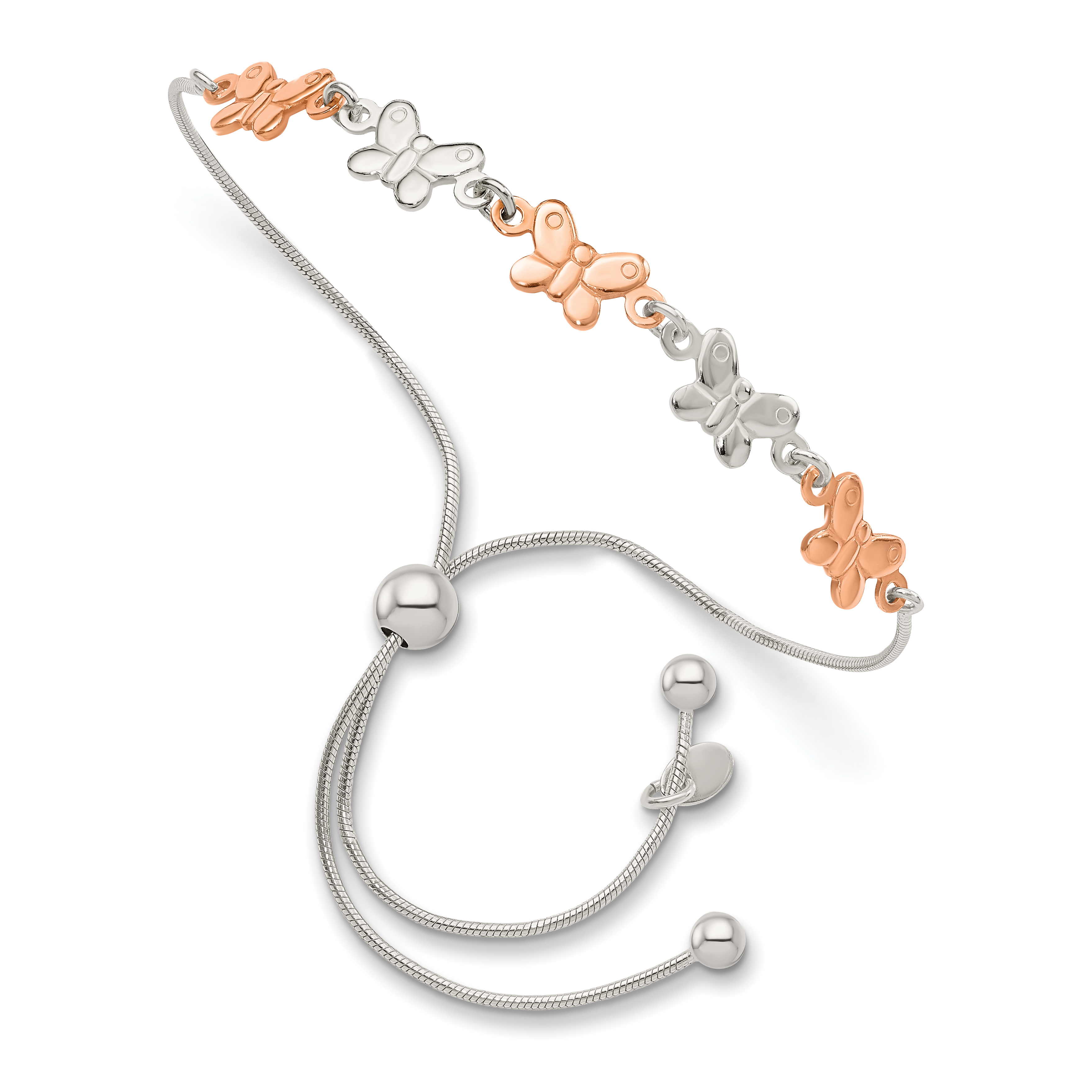 Sterling Silver w/Rose-tone Butterfly Adjustable Bracelet (QG4578)