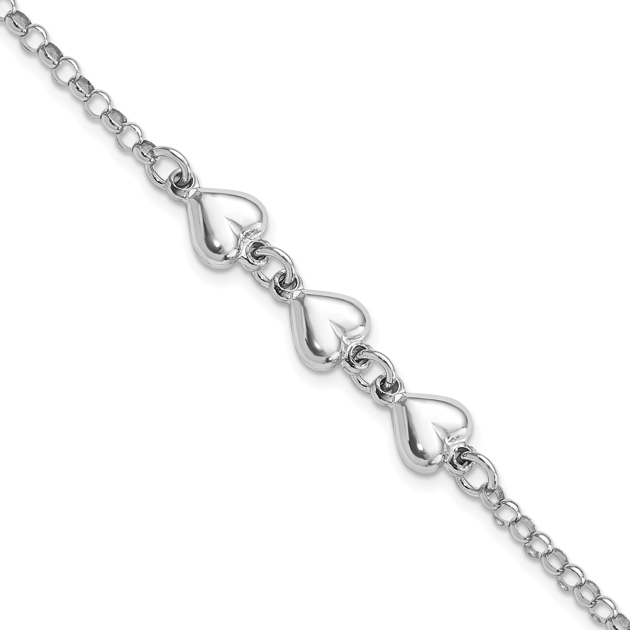 Sterling Silver Rhodium Plated Polished Triple Heart Charm Bracelet (QG4596-7)