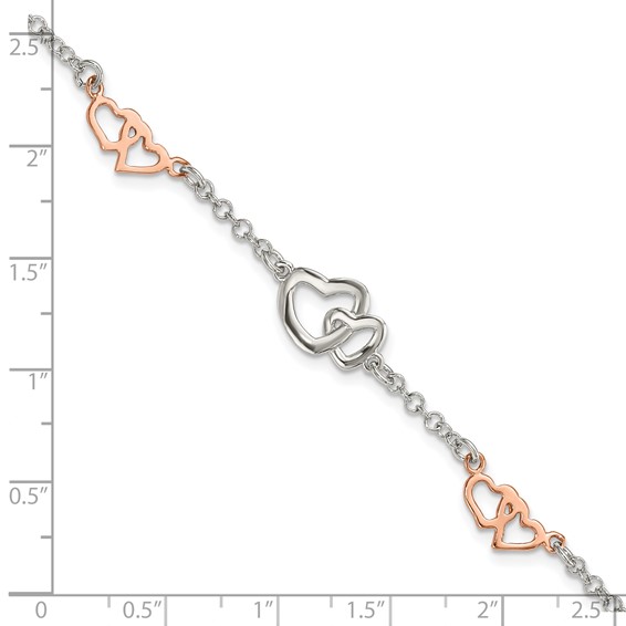 Sterling Silver Rose Gold-plated Polished Heart Bracelet