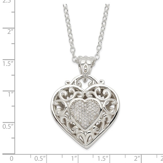Sterling Silver Rhodium-plated Polished CZ Heart Necklace