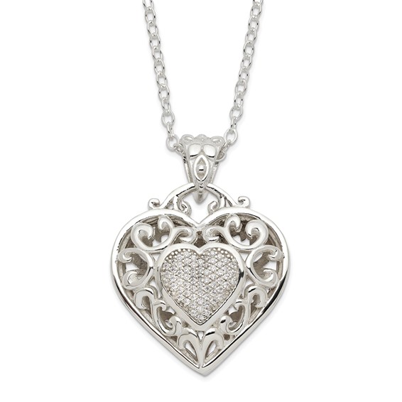 Sterling Silver Rhodium-plated Polished CZ Heart Necklace