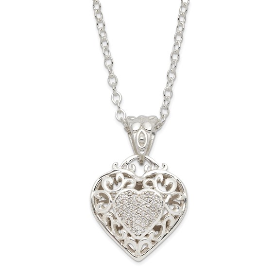Sterling Silver Rhodium-plated CZ Heart Necklace