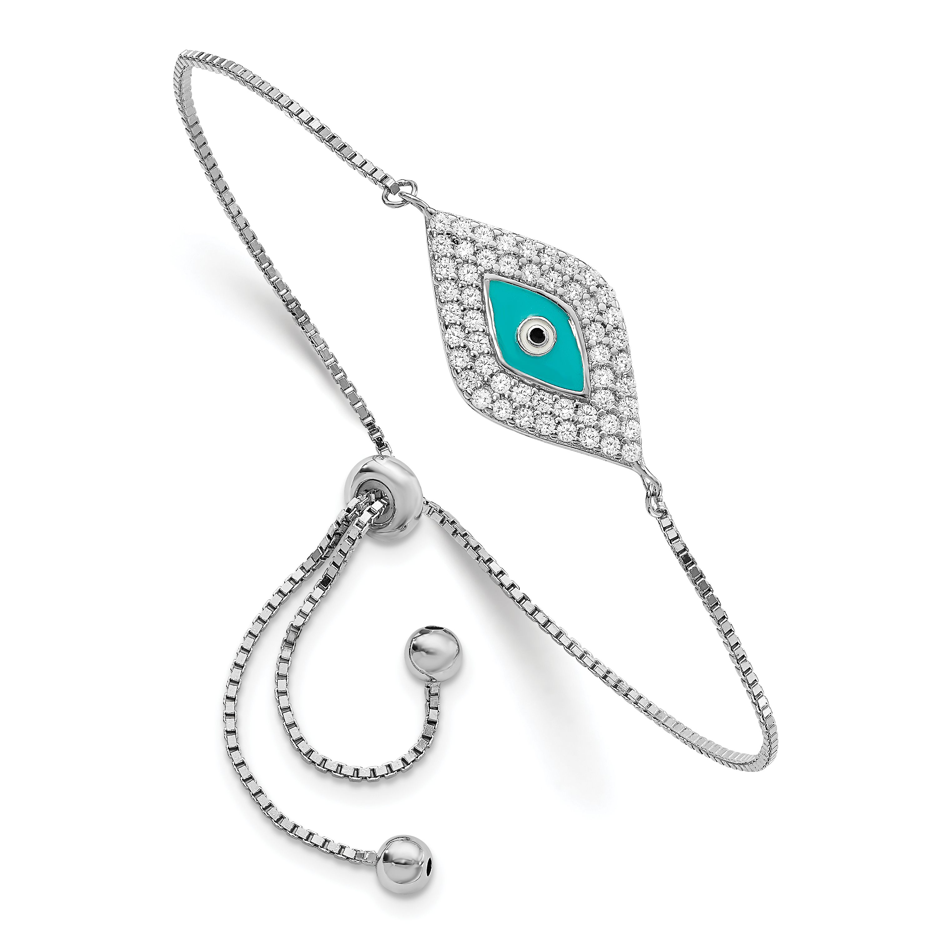 Sterling Silver Rhodium-plated CZ Blue Enamel Eye Adjustable Bracelet (QG4621)