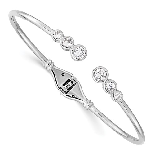 Sterling Silver Rhodium-plated Bezel CZ Hinged Bangle Cuff Bracelet