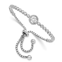 Sterling Silver Rhodium-plated Bezel-set and Halo CZ Adjustable Bolo Bracelet view 1
