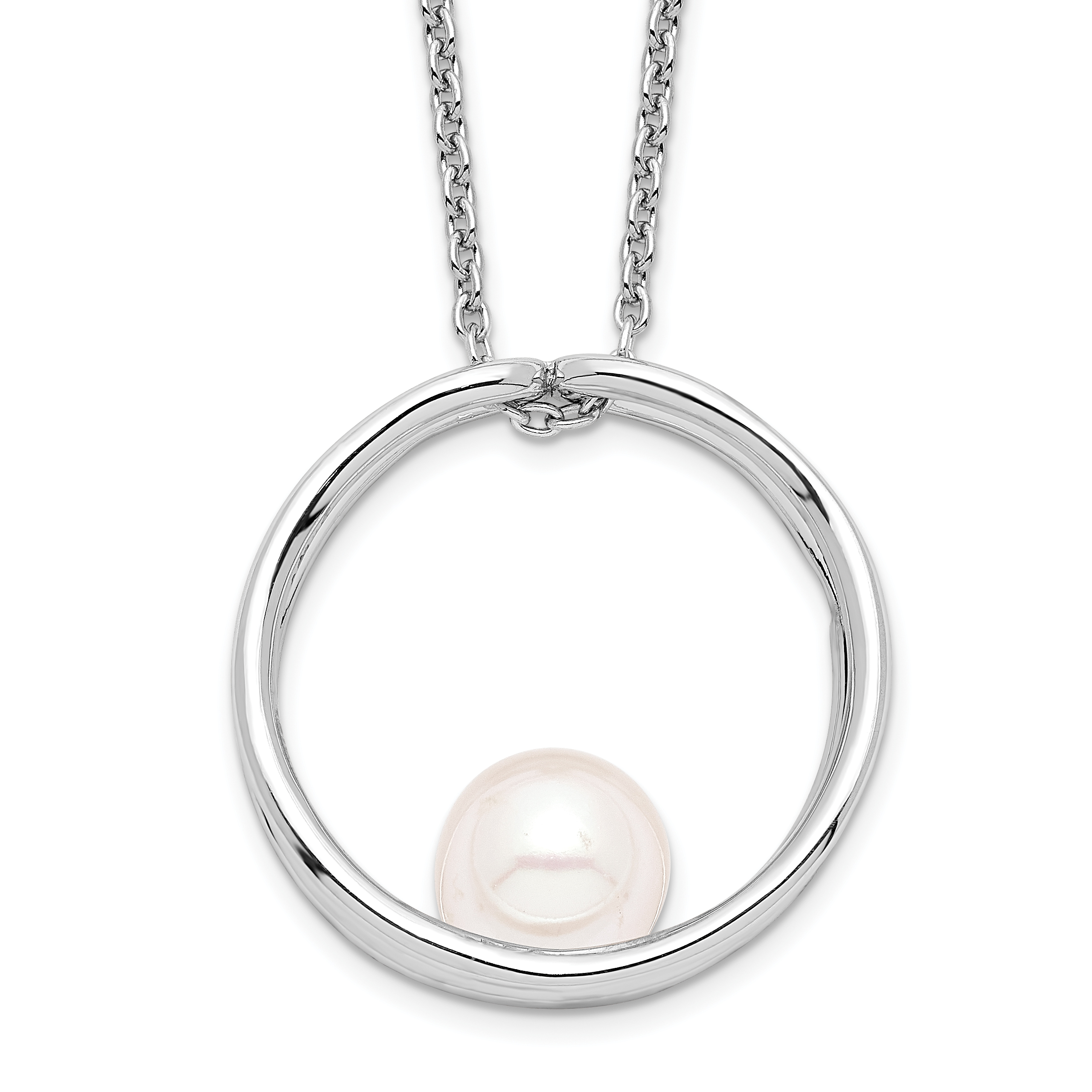 Sterling Silver Rhodium-plated 7-8mm White Round Freshwater Cultured Pearl 18 inch Necklace (QG4642-18)